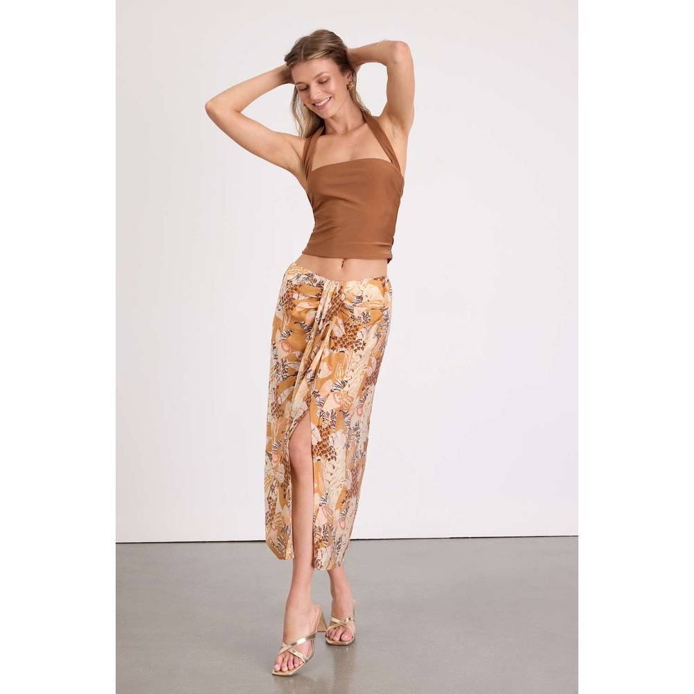 Lulus Something Wild Brown Multi Print Twist Front Midi Skirt Tropical XS Summer